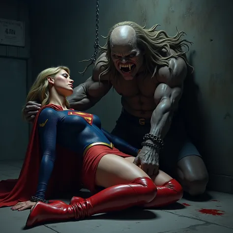 Supergirl is laying and tied your wrists with chain, tied wrists with chain together, hanging from the wall, ((unconsciousness:1.9)), ((eyes close:1.9)), painful, in the underground prison, She is wearing a Supergirl costume as seen on TV series, Kevlar fa...