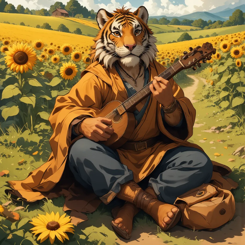 character focus, full body, looking away, dynamic angle, bard, middle-aged tiger man, happy, little smile, lute, costume clothes...