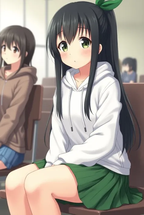 Im wearing a white hoodie and a short green skirt,  her hair is black, and , Im wearing a green ribbon on my head, Her eyes are green, , A high school girl with straight hair is sitting in front of her with her legs raised