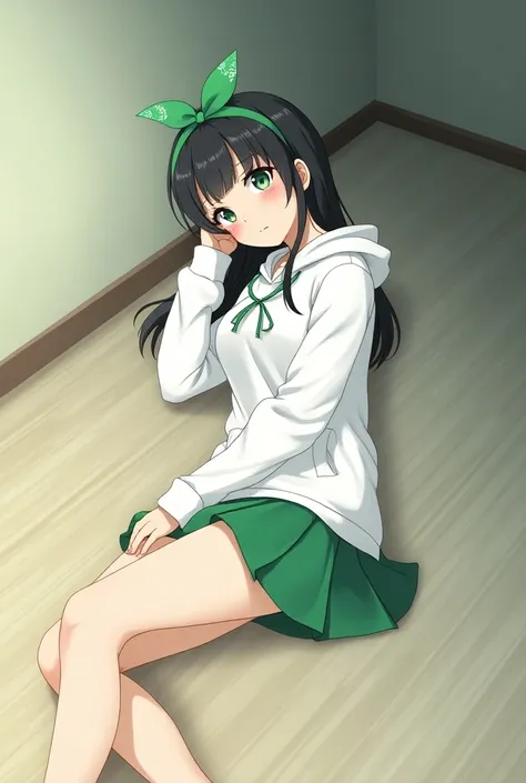 Im wearing a white hoodie and a short green skirt,  her hair is black, and , Im wearing a green ribbon on my head, Her eyes are green, , A high school girl with straight hair is lying on the floor