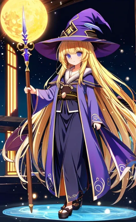  beautiful long blonde hair 　Blue Eyes　Black Wizards Long Robe　 witch hat 　Holding a walking stick　whole body