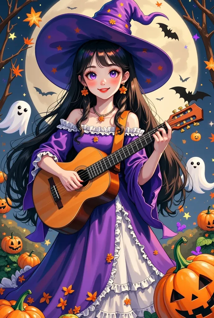 beautiful forest witch princess playing guitar，huge cute ghost  ,  laugh out loud ， unique，halloween，