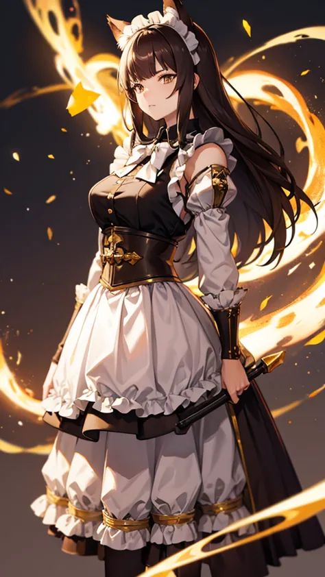 1woman, maid, wolf ears, brown hair, gold eyes, standing on ground, high res, ultra sharp, 8k, masterpiece the puffy skirt