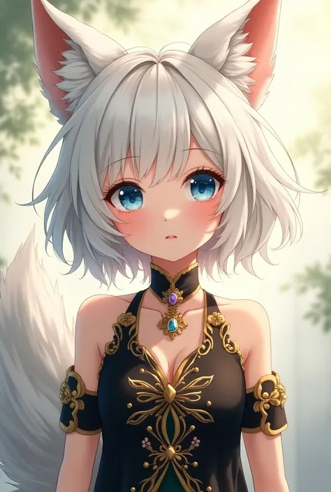 Anime fox girl ,  short white hair,  light brown skin and blue eyes.  Wearing a black and gold dress .  Her little blushed cheeks. 