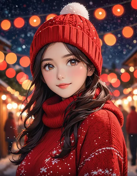 The image depicts a person with long, dark hair wearing a red, knitted beanie with a pom-pom at the top. They're dressed in a red sweater, and the background is a starry night sky filled with bokeh lights, giving the scene a cozy, festive atmosphere. The overall tone is warm and serene.