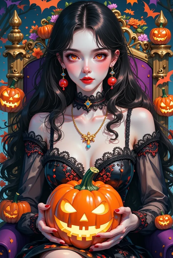 closeup of a woman sitting on a throne holding a pumpkin, beautiful vampire queen,  halloween art style , 美丽的vampire queen, terr...