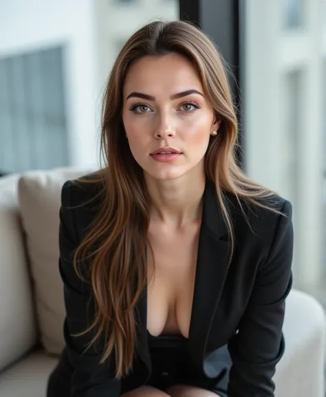 Gaia, is a beautiful young woman of 22 years with long brown hair slightly wavy, hazel eyes, splendid bright lips, wonderful features of the face enhanced by an elegant makeup, eyeliner and mascara, (((smooth chin, elegant nose bridge))).She has a long, sl...