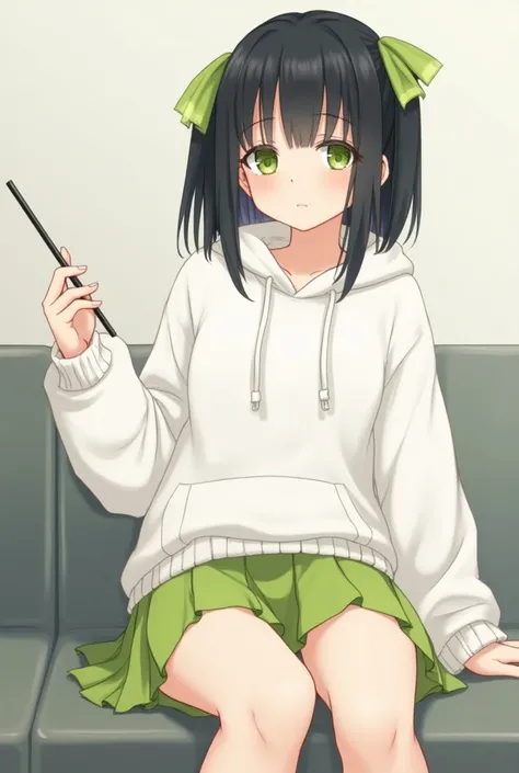 Im wearing a white hoodie and a short green skirt,  her hair is black, and , A high school girl with a green ribbon , Her eyes are green, , Im holding a short stick in one hand,  A high school girl with straight hair, wearing a hoodie and a short green ski...