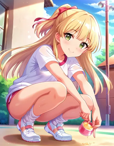  score_9,  score_8_Excellent,  score_7_Excellent, sauce_Anime,
evaluation_ sensitive , Sexually provocative, smile, Joy, (high quality，)
 outdoor , Sunbeam,Shine，Crotch piece，
 Long Hair, blonde,     Hair Ribbon ,green eyes, Small breasts, 
Gym clothes,   ...