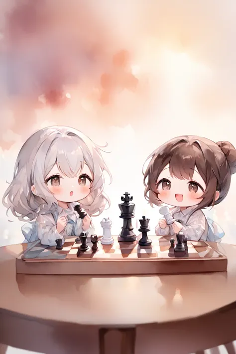 (masterpiece, best quality, hyper detailed:1.2), thin line drawing, cute, (watercolor:1.2), dreamy and hazy atmosphere,
chess pi...