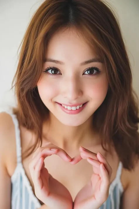 She is in a pose wearing a sexy camisole, making a firm big heart shape with both hands, and holding it in front of her chest, Close-up of a smiling face

