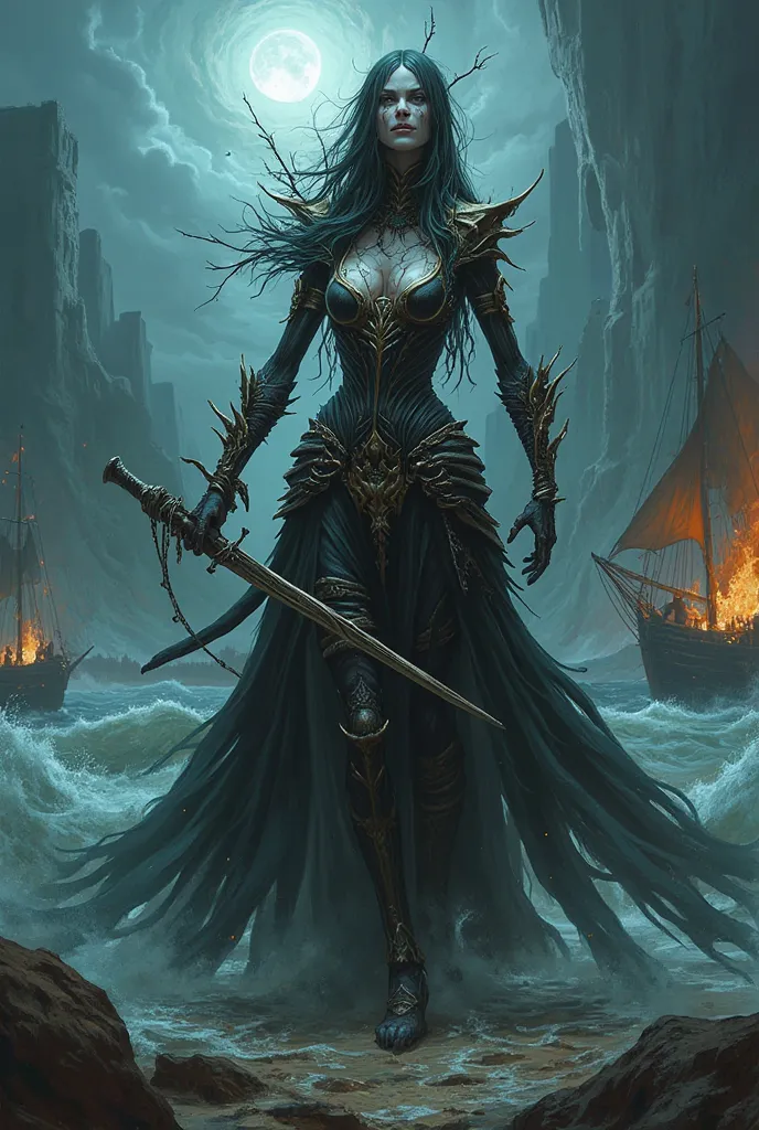 a medium quality fantastical illustration of an (undead curse bringer), truly shocking, (pirate queen) of (halicarnassus), mysti...