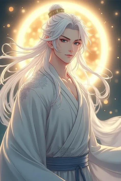  Full body image, handsome protagonist xianxia,long white hair dark blue eyes((make eyes like reality)),at back is golden halo circle(like God hallo style ,calm and cool aura, using white clothes,with  silver pattern on clothes,better quality, masterpiece ...