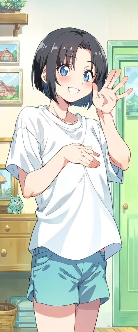 A young adult girl , age 22, dark blue eyes,   medium length hair cut by wolf , black hair, huge chest,  wearing a large shirt ,  wearing shorts ,  wide smile, Blush, a waving hand,  Apartment living room 