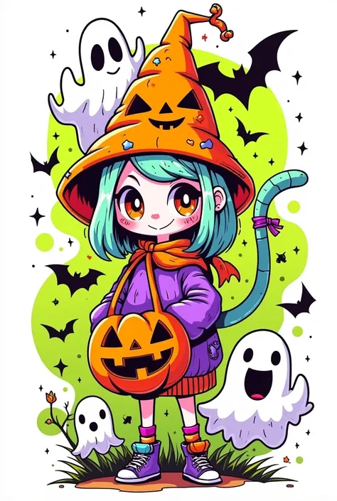 Cute girl with a jack-o-lantern ‌, ‌ ghosts and ‌ bats ‌, bold lines, happy, full frame cute doodle art, green and yellow, white background, stick figure.  youthful, cute, anthropomorphic, doodles, sharpie illustrations, bold lines