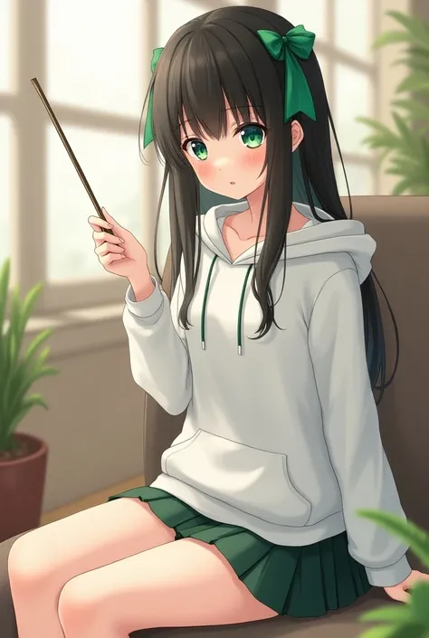 Im wearing a white hoodie and a short green skirt,  her hair is black, and , A high school girl with a green ribbon , Her eyes are green, , Im holding a short stick in one hand, A beautiful high school girl with a round face , A beautiful high school girl ...