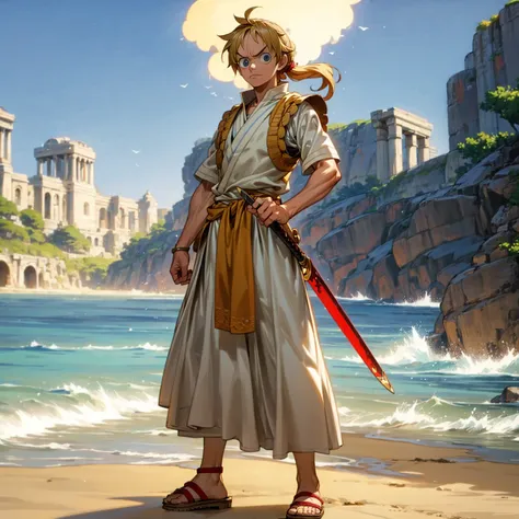 Solo character, straight man, muscle, Full body version, blue eyes, big eyes, Tan skin, long Shaggy hairstyle, blonde colour hair, ponytail, angry eyes, ancient Greek clothing, red colour clothing, ancient Greek sandals, sword in hand, armor vest, beach, i...