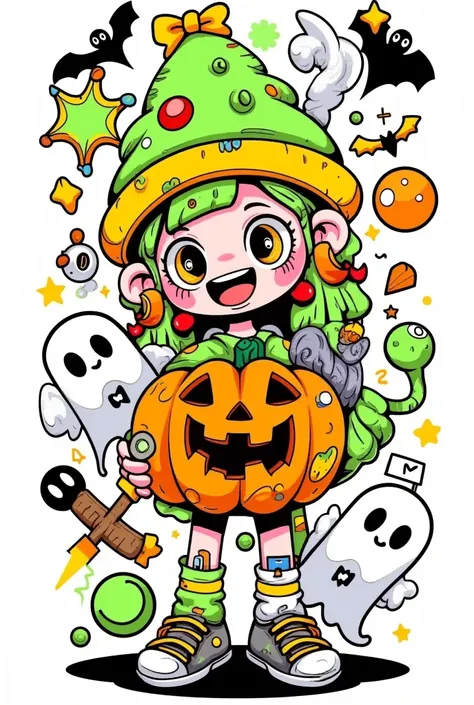 Cute girl with a jack-o-lantern ‌, ‌ ghosts and ‌ bats ‌, bold lines, happy, full frame cute doodle art, green and yellow, white background, stick figure.  youthful, cute, anthropomorphic, doodles, sharpie illustrations, bold lines