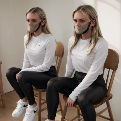 two blonde girls are sitting on wooden chairs, (white longsleeve shirt), (black lycra leggings), (white air force one sneakers:1...