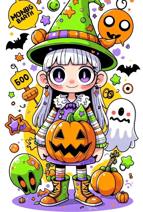 Cute girl with a jack-o-lantern ‌, ‌ ghosts and ‌ bats ‌, bold lines, happy, full frame cute doodle art, green and yellow, white background, stick figure.  youthful, cute, anthropomorphic, doodles, sharpie illustrations, bold lines