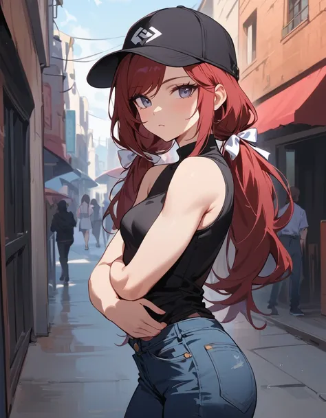 (masterpiece, best quality),  1girl, stoic, looking to the side, beautiful face, Gray eyes, dark red hair, swept bangs, low twin tails, white ribbons, strapless black shirt, black baseball cap, jeans, small breasts, toned arms, biceps, holding own arm,