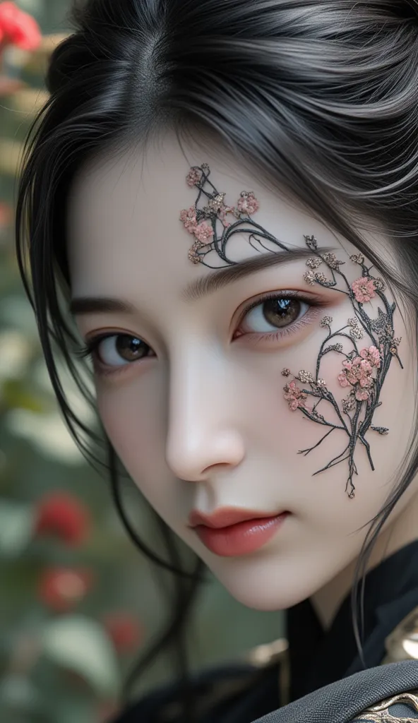 the portrait of an east-asian woman, made in an ultra-realistic manner, close-up, is the embodiment of sophistication and refine...