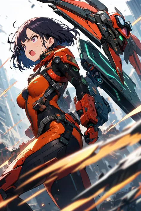 (masterpiece, best quality, highly detailed), sci-fi theme, cute girl, solo, standing, bodysuit, helmet, mechanical wings, medium breasts, (((goggles:1.3))), black hair, bob cut, perspective, from side, holding shield, angry, open mouth, concept art, dynam...