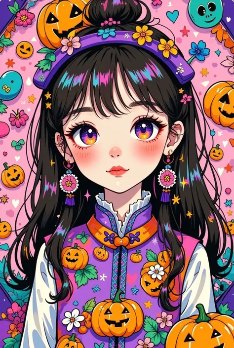 a cartoon illustration of a girl in a ethnic costume over art by mrs becca doodlefly, in the style of grunge beauty, sandara tang, mixed patterns, text and emoji installations, close up, charming character illustrations, folkloric