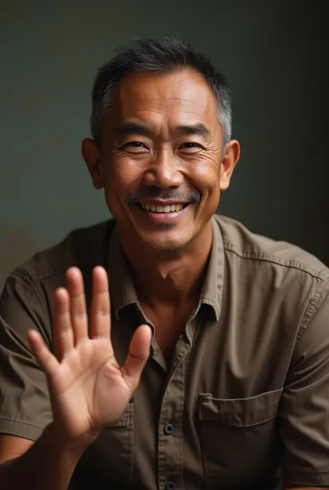 an Indonesian man with brown skin and an Asian face and showing his hands in a pose one hand waving at the side of his face 
