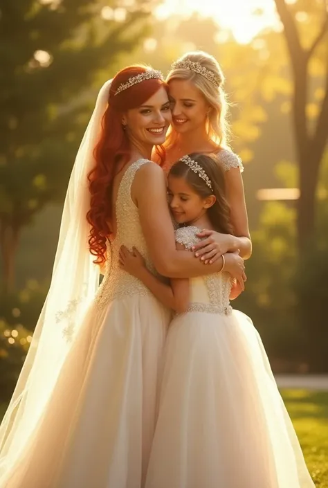 Deux femmes de 30ans en robe de mariés une rousse lautre blonde qui embrassent chacune deux filles de 10ans en robe de mariés aussi, realistic, face a la camera, high definition, luxe, en extérieur, environnement lumineux, couleurs, haute luminosité, chamb...