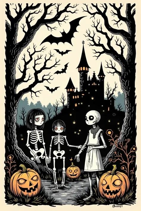 a woodcut depicting halloween, pumpkins, bats, skeletons, and a ruined castle.with tree branches in the background, creating a d...