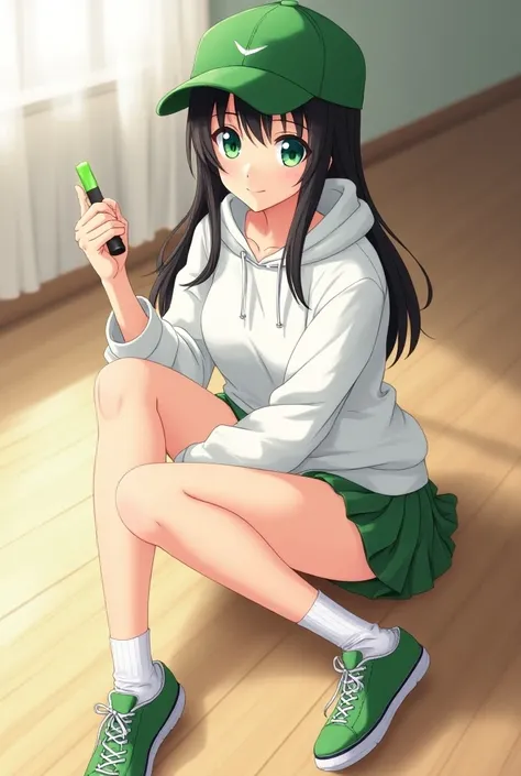 Im wearing a white hoodie and a short green skirt,  wearing a green baseball cap, and ,  her hair is black, and , A high school girl with a green ribbon , Her eyes are green, , Im holding a short stick in one hand, My hands are thin, A beautiful high schoo...