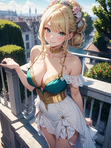  1 girl,  elaborate blond updo （With bangs）,   almond-shaped green eyes ,  wearing an off-the-shoulder teal regency style dress、 simple gold and flowers 、 with off-white lace ,  flower accessories ,  slight makeup ,  rose lip gloss , Smiling Kindly, Absurd...