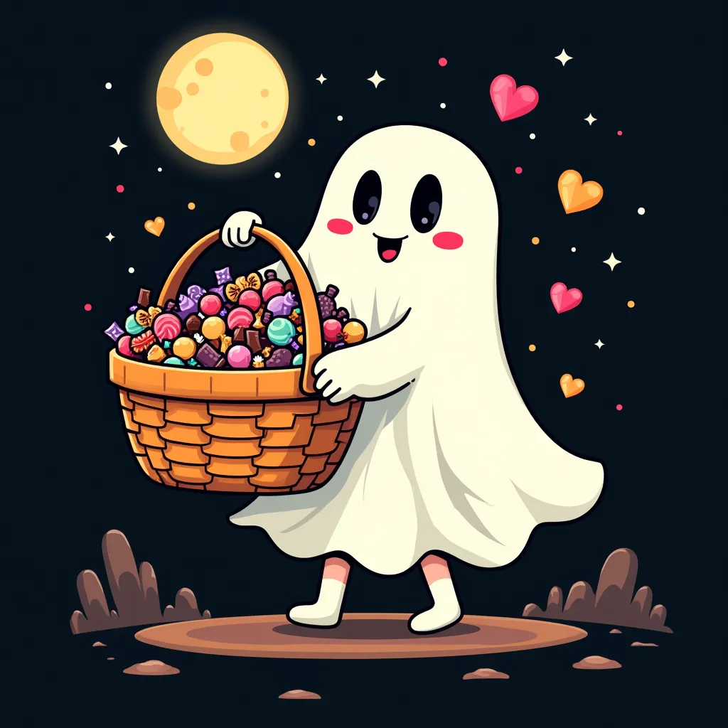 pop,Cute illustration,A person who dresses up as a ghost ,I can see people's hands and feet , has a basket of candy, lots of candy , black background,full moon