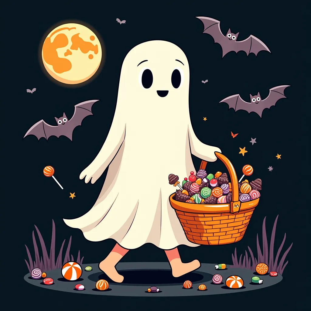 pop,Cute illustration,A person who dresses up as a ghost ,I can see people's hands and feet , has a basket of candy, lots of candy , black background,full moon