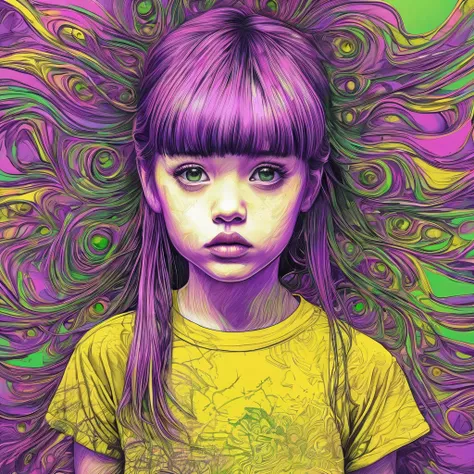 (super detailed, dry point), top quality, digital illustration, (realistic), 1 girl, center, Looking at the viewer, Curious, Blunt bangs, ponytail, strokes that capture facial expressions, lips, eyelashes, soft t-shirt, texture, yellow, purple, pink, yello...