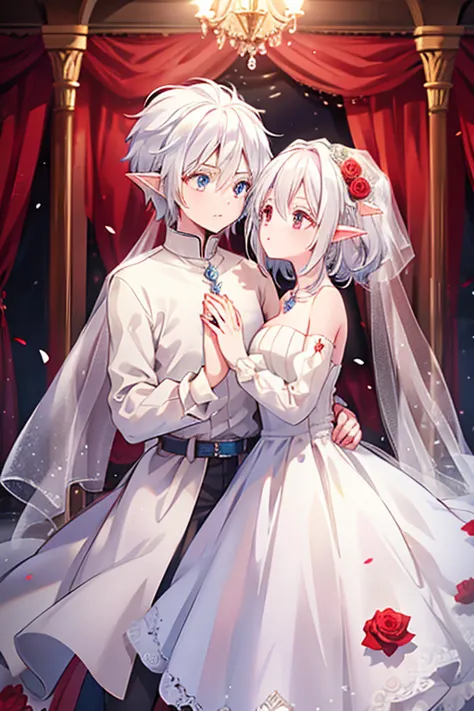 mature older bride, marriage, wedding dress, blue eyes on bride groom has rose red eyes and short messy white hair and elf ears