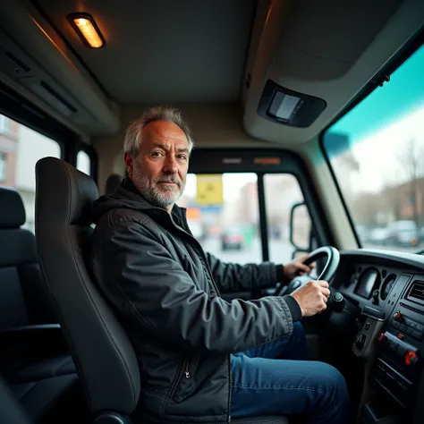 Realistic photo, the cabin of a modern tourist bus, the drivers seat, the camera looks to the right at the entrance to the bus. A middle-aged man sits behind the wheel and looks at the camera.