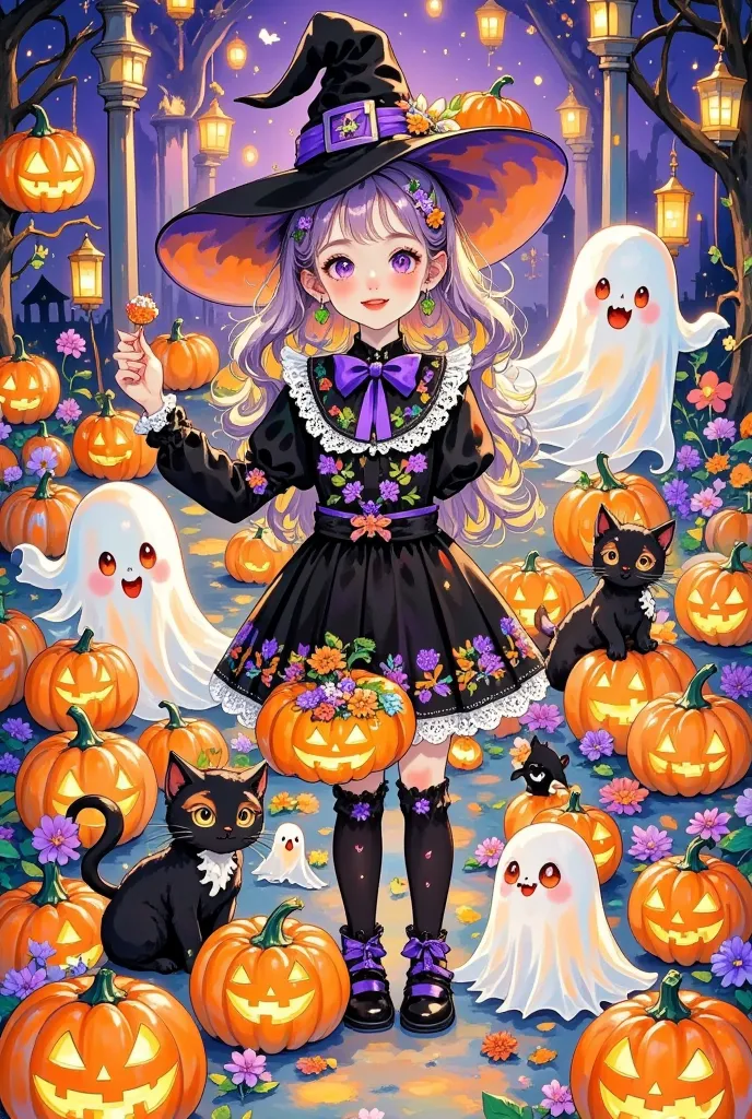 a cute gathering of ghosts and monsters in a pumpkin patch, surrounded by colorful halloween lanterns, enjoying food and laughte...