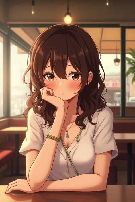 In an anime art style, a young woman with medium-length wavy brown hair wearing a stylish blouse, a necklace, and a bracelet sits across a table in a coffee shop looking sad.