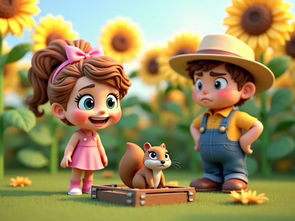 A cute Chivi girl. Curly hair. Light brown and golden hair. Hair styled in a ponytail and a pink bow. Blue eyes. She is on the left of the picture. Next to her, on the ground, is a squirrel inside a wooden trap. On the right of the picture, a farmer in denim overalls and a yellow shirt, looking angry. Behind them, a field of sunflowers. Neither of them is looking at the camera. 3d Cartoon style.