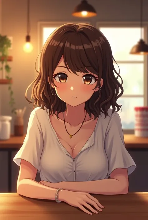 In an anime art style, a young woman with medium-length wavy brown hair wearing a stylish blouse, a necklace, and a bracelet sits across a table in a coffee shop looking sad.