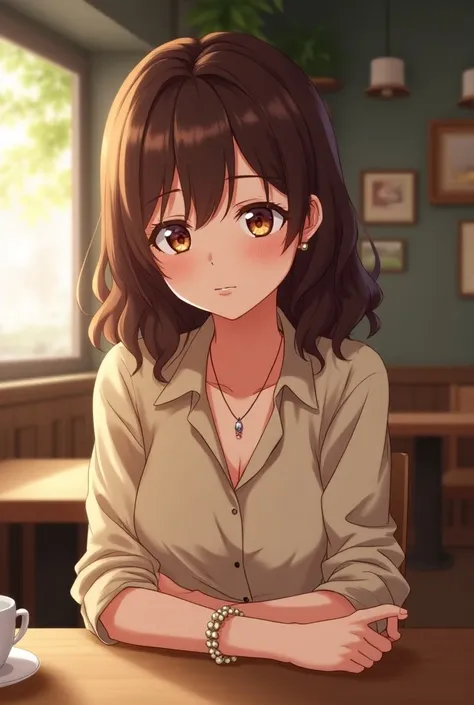 In an anime art style, a young woman with medium-length wavy brown hair wearing a stylish blouse, a necklace, and a bracelet sits across a table in a coffee shop looking sad.