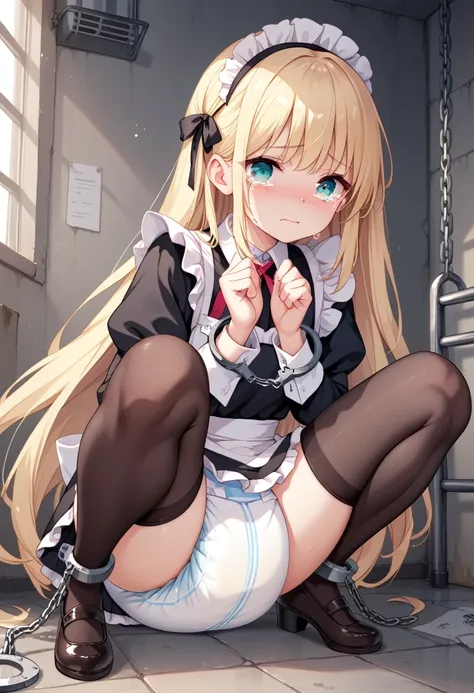 beautiful long blonde　girl in black maid outfit　  long sleeve 　whole body　diaper　 open your crotch and squat 　chained handcuffs　...