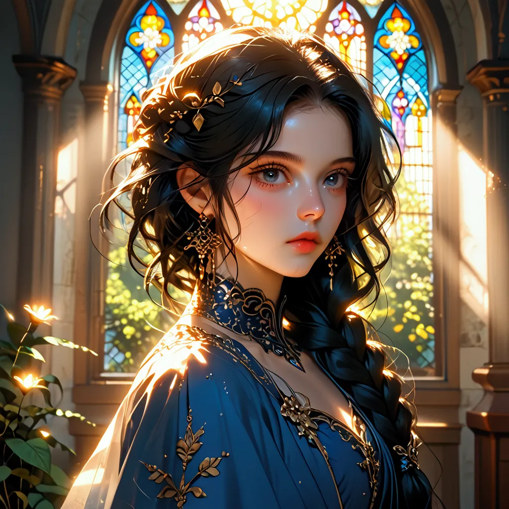 hyperrealistic portrait, 8k: a single girl in a flowing sapphire blue dress, her long black hair in a braid, stands within a got...