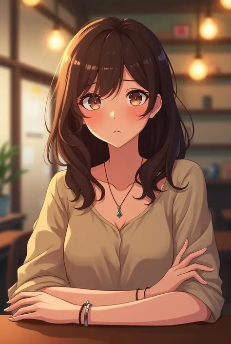 In an anime art style, a young woman with medium-length wavy brown hair wearing a stylish blouse, a necklace, and a bracelet sits across a table in a coffee shop looking sad.