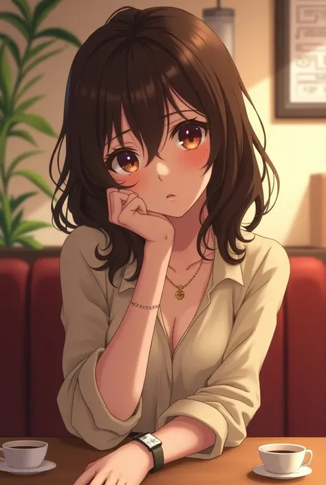 In an anime art style, a young woman with medium-length wavy brown hair wearing a stylish blouse, a necklace, and a bracelet sits across a table in a coffee shop looking sad.