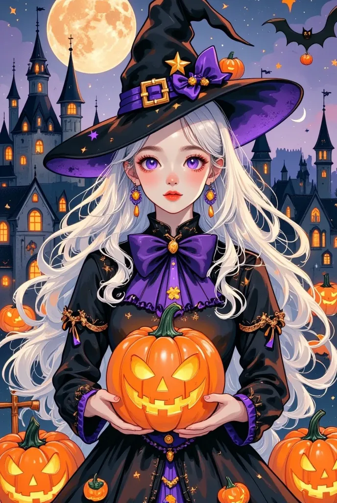 halloween, festive atmosphere, handsome male vampire, long white hair, holding a pumpkin lamp, close shot，moon in the sky, harry...