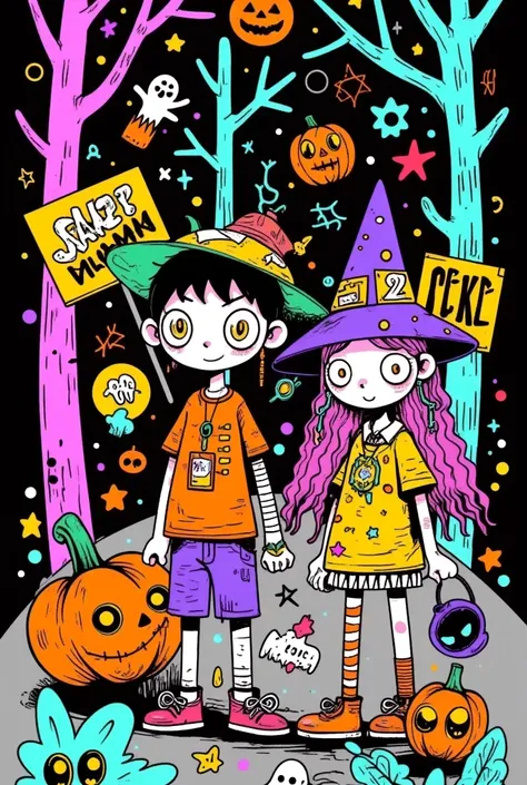 At night, a boy and a witch in the forest went to a Halloween  with pumpkin lanterns.
doodle in the style of Keith Haring 
sharpie illustration
bold lines and solid colors 