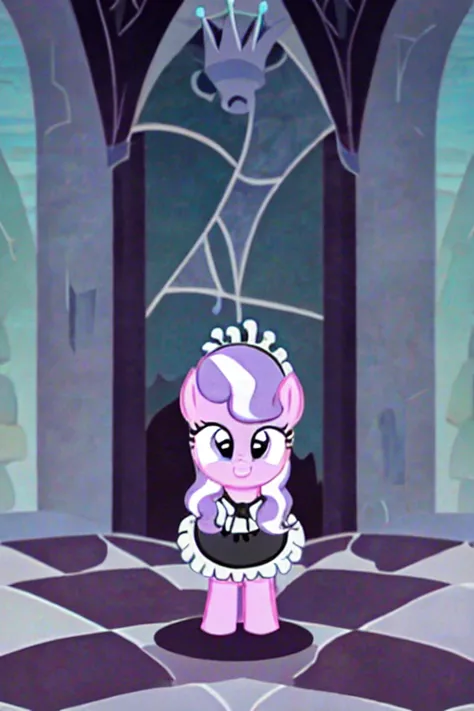 safe, pony, alone,   diamond tiara, , mare,  in the center standing,i drank tea , maid clothes,the background is a castle, my li...